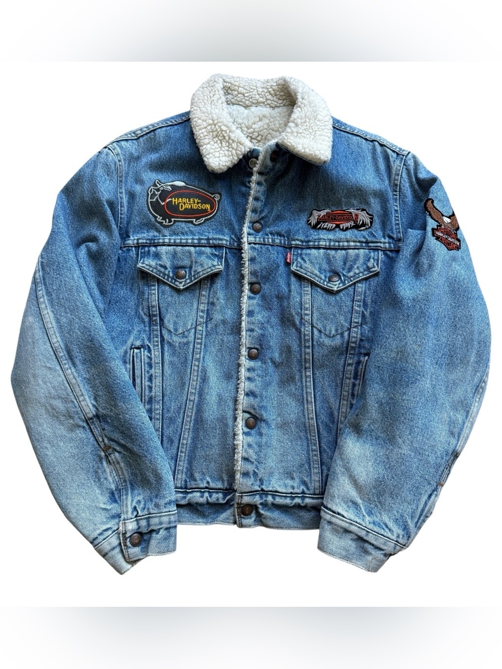 VTG Levi’s x Harley Davidson Patches Trucker Sherpa Distressed Denim Biker Y2K